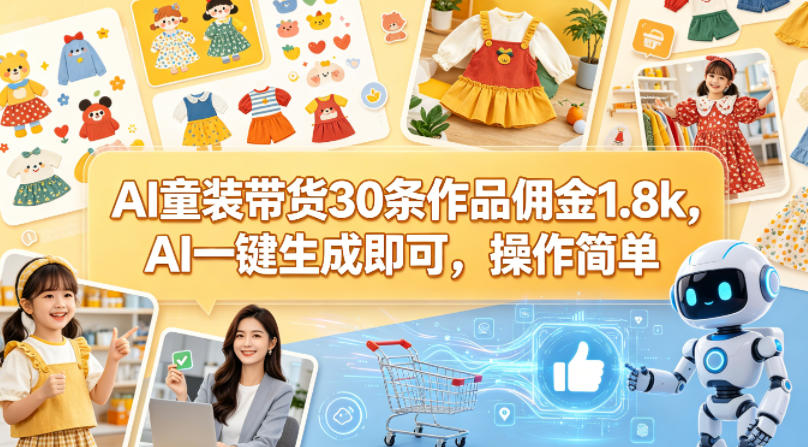 AI童装带货30条作品佣金1.8k，AI一键生成即可，操作简单——生财有道创业项目网-生财有道
