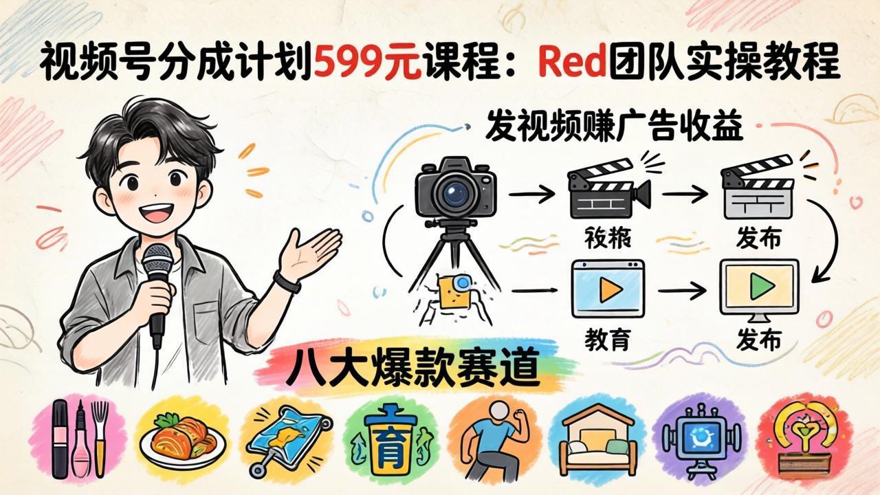 （18088期）视频号分成计划599元课程：Red团队实操教程，发视频赚广告收益，八大爆款赛道全掌握_生财有道创业项目网-生财有道