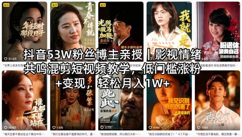 抖音53W粉丝博主亲授｜影视情绪共鸣混剪短视频教学，低门槛涨粉+变现，轻松月入1W+——生财有道创业项目网-生财有道