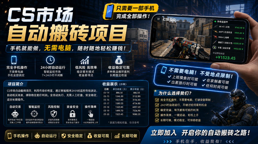 手机即可操作的CS市场自动搬砖系统｜自动监控｜自动下单|日入300+【揭秘】——生财有道创业项目网-生财有道