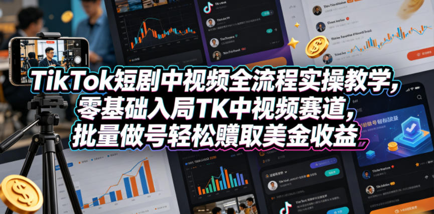 TikTok短剧中视频全流程实操教学，零基础入局TK中视频赛道，批量做号轻松賺取美金收益——生财有道创业项目网-生财有道