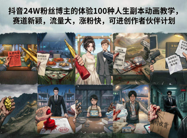 图片[1]-抖音24W粉丝博主的体验100种人生副本动画教学，赛道新颖，流量大，涨粉快，可进创作者伙伴计划——生财有道创业项目网-生财有道