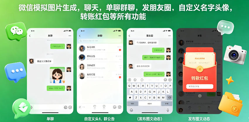 微信模拟图片生成,聊天,单聊群聊,发朋友圈,自定义名字头像,转账红包等所有功能都可以生成——生财有道创业项目网-生财有道