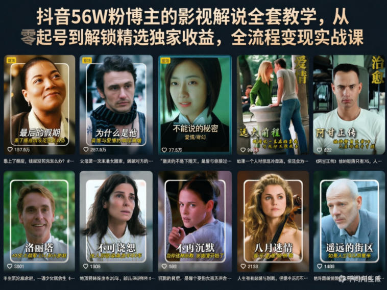 抖音56W粉博主的影视解说全套教学，从零起号到解锁精选独家收益，全流程变现实战课——生财有道创业项目网-生财有道
