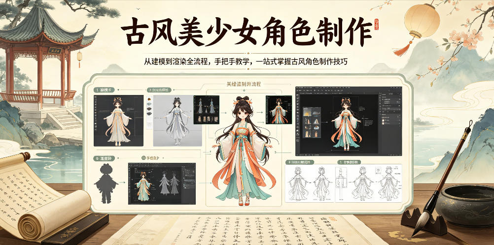 古风美少女角色制作，从建模到渲染全流程，手把手教学，一站式掌握古风角色制作技巧——生财有道创业项目网-生财有道
