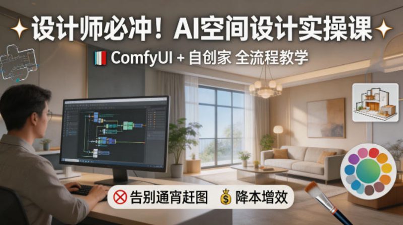 设计师必冲！AI空间设计实操课，ComfyUI+自创家全教学，告别通宵赶图，降本增效——生财有道创业项目网-生财有道