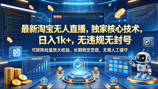 最新淘宝无人直播，独家核心技术，日入1k+，无违规无封号，可矩阵批量放大，长期稳定，无需人工值守【揭秘】——生财有道创业项目网-生财有道