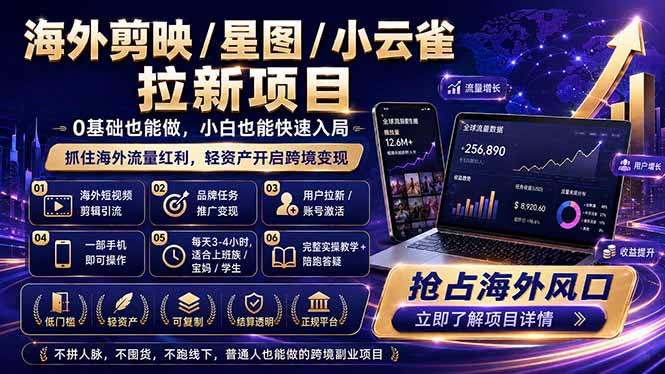（18567期）海外剪映 / 星图 / 小云雀拉新项目 普通人也能上手的跨境流量变现副业_生财有道创业项目网-生财有道