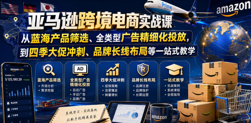亚马逊跨境电商实战课，从蓝海产品筛选、全类型广告精细化投放，到四季大促冲刺、品牌长线布局等一站式教学——生财有道创业项目网-生财有道