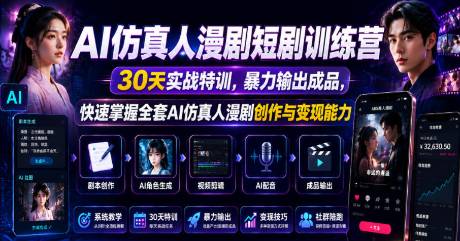 AI仿真人漫剧短剧训练营，30天实战特训，暴力输出成品，快速掌握全套AI仿真人漫剧创作与变现能力——生财有道创业项目网-生财有道