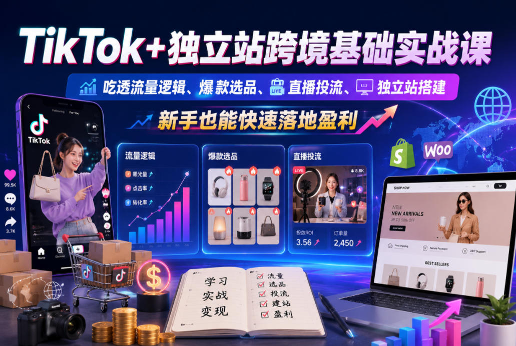 TikTok+独立站跨境基础实战课，吃透流量逻辑、爆款选品、直播投流与独立站搭建，新手也能快速落地盈利——生财有道创业项目网-生财有道