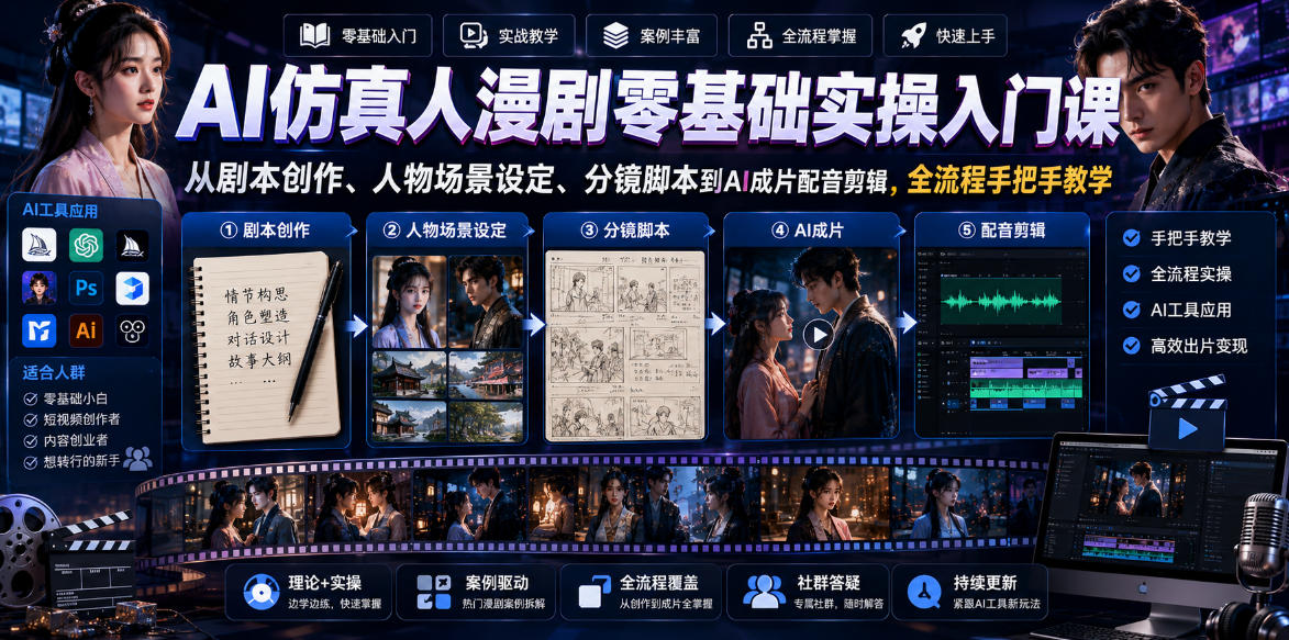 AI仿真人漫剧零基础实操入门课，从剧本创作、人物场景设定、分镜脚本到AI成片配音剪辑，全流程手把手教学——生财有道创业项目网-生财有道