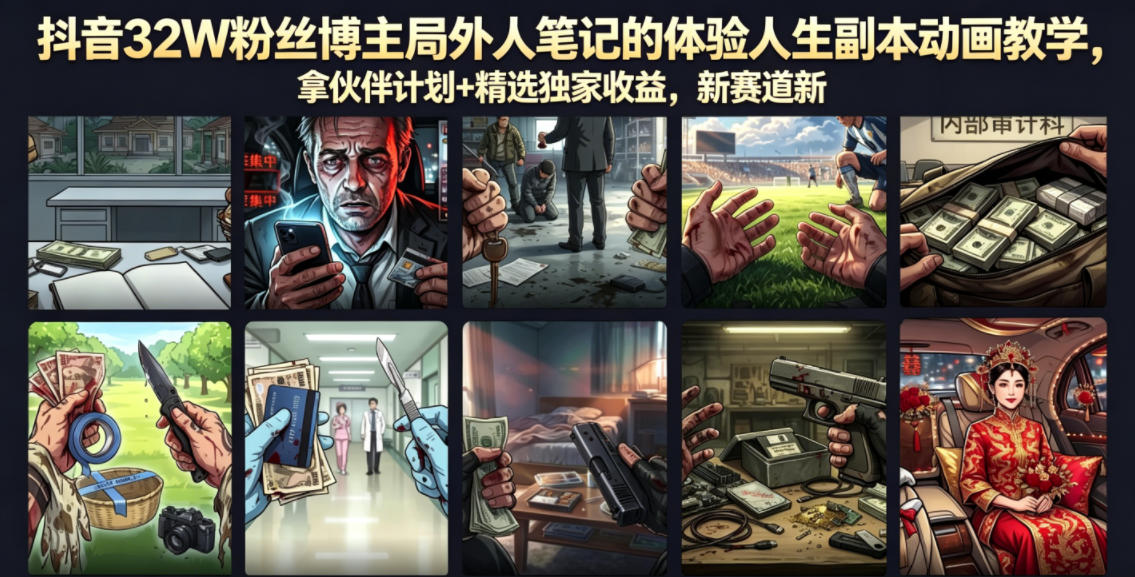抖音32W粉丝博主局外人笔记的体验人生副本动画教学,拿伙伴计划+精选独家收益,新赛道新涨粉快【录制版】——生财有道创业项目网-生财有道