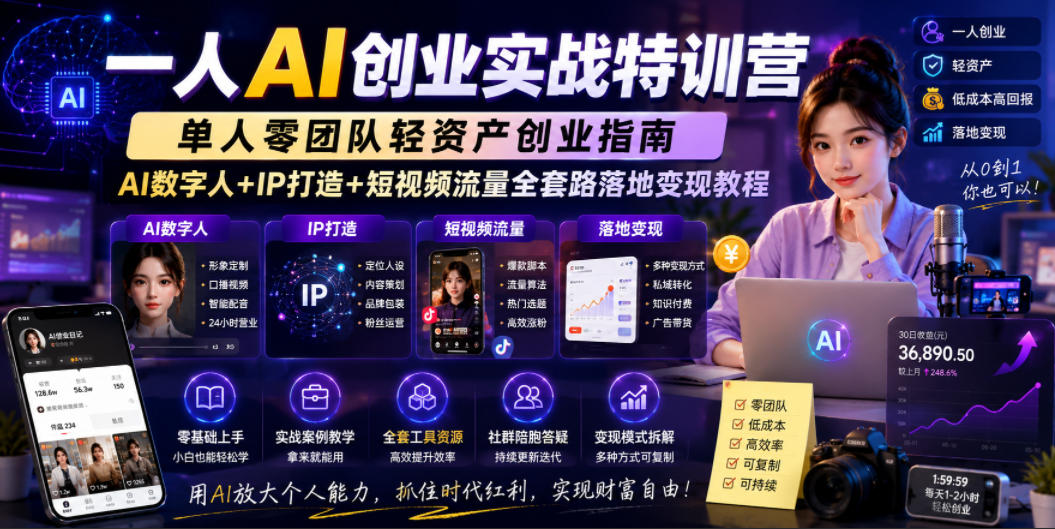 一人AI创业实战特训营，单人零团队轻资产创业指南，AI数字人+IP打造+短视频流量全套路落地变现教程——生财有道创业项目网-生财有道