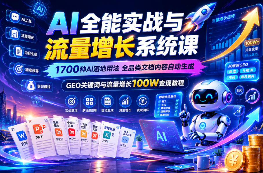 AI全能实战与流量增长系统课，1700种AI落地用法，全品类文档内容自动生成，GEO关键词与流量增长100W变现教程——生财有道创业项目网-生财有道