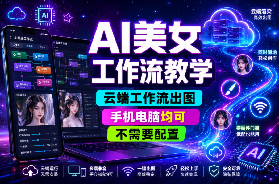 AI美女工作流教学，云端工作流出图，手机电脑均可，不需要配置，快速起号涨粉——生财有道创业项目网-生财有道