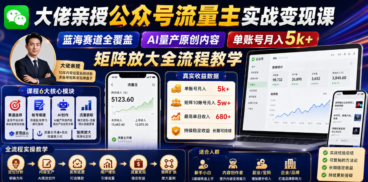 大佬亲授公众号流量主实战变现课，蓝海赛道全覆盖，AI量产原创内容，单账号月入5k+矩阵放大全流程教学——生财有道创业项目网-生财有道