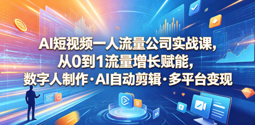 AI短视频一人流量公司实战课，从0到1流量增长赋能，数字人制作・AI自动剪辑・多平台变现，一人做流量生意全落地教程——生财有道创业项目网-生财有道