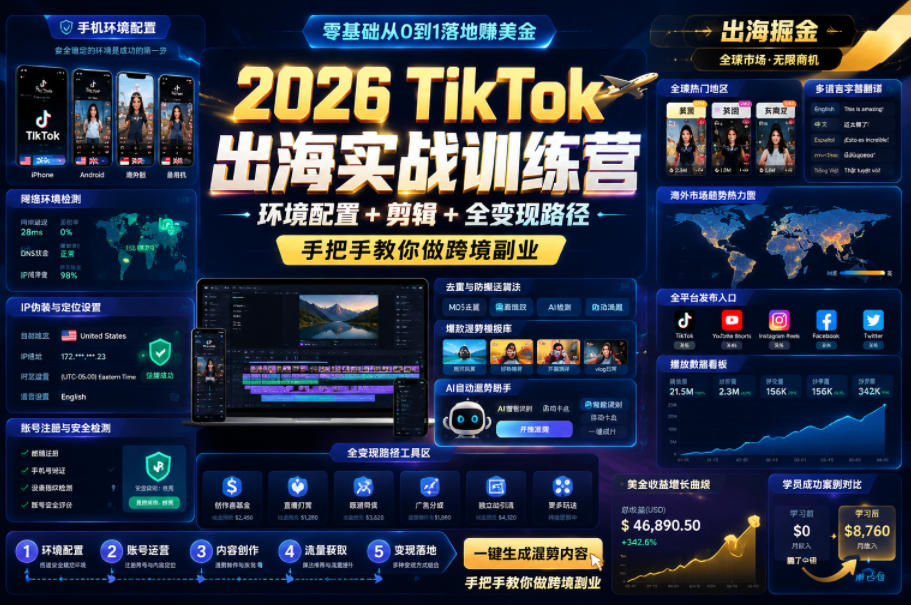 2026 TikTok出海实战训练营，环境配置 + 剪辑 + 全变现路径，手把手教你做跨境副业——生财有道创业项目网-生财有道