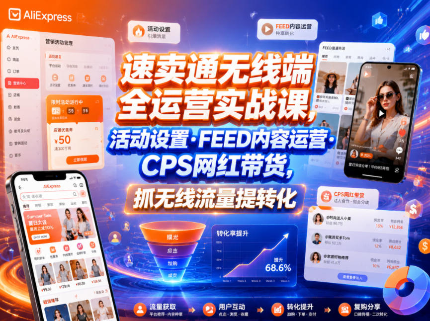 速卖通无线端全运营实战课，活动设置・FEED内容运营・CPS网红带货，抓无线流量提转化——生财有道创业项目网-生财有道