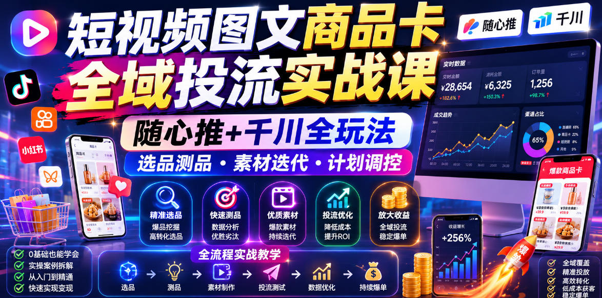 短视频图文商品卡全域投流实战课，随心推+千川全玩法，选品测品・素材迭代・计划调控，提升ROI爆单增收教程——生财有道创业项目网-生财有道