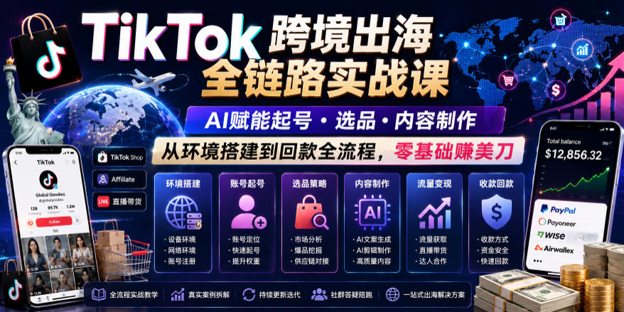 TikTok跨境出海全链路实战课，AI赋能起号・选品・内容制作，从环境搭建到回款全流程，零基础賺美刀——生财有道创业项目网-生财有道