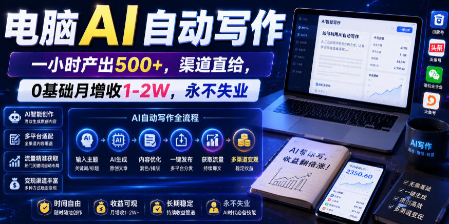 电脑AI自动写作，一小时产出500+，渠道直给，0基础月增收1-2W，永不失业【揭秘】——生财有道创业项目网-生财有道