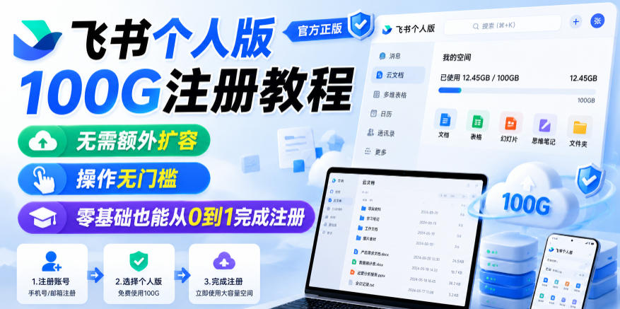 飞书个人版100G注册教程,无需额外扩容,操作无门槛,零基础也能从0到1完成注册——生财有道创业项目网-生财有道