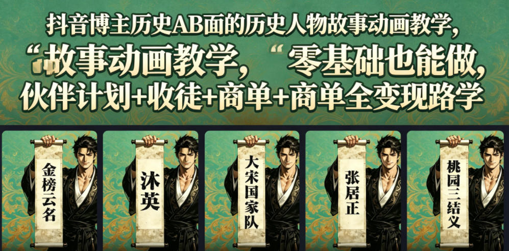 抖音博主历史AB面的历史人物故事动画教学，零基础也能做，伙伴计划+收徒+商单全变现路径教学——生财有道创业项目网-生财有道