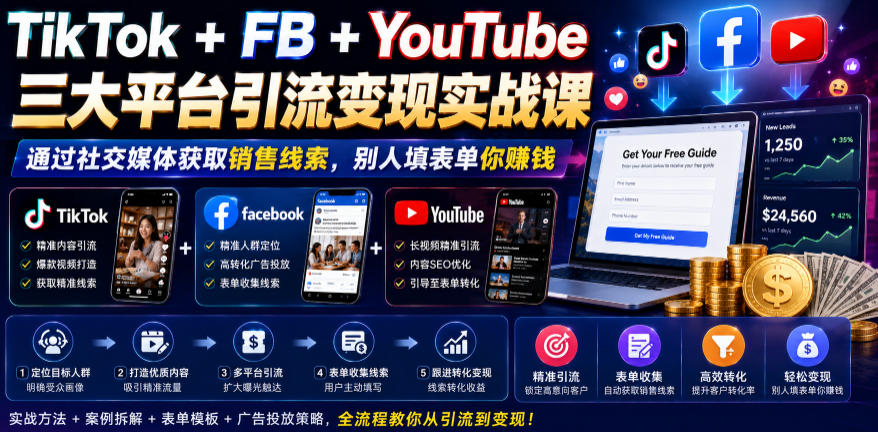 TikTok+FB+YouTube三大平台引流变现实战课，通过社交媒体获取销售线索，别人填表单你賺钱【原创双语字幕】——生财有道创业项目网-生财有道