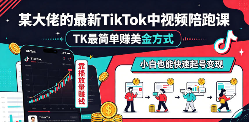 某大佬的最新TikTok中视频陪跑课，TK最简单賺美金方式，靠播放量賺钱，小白也能快速起号变现——生财有道创业项目网-生财有道