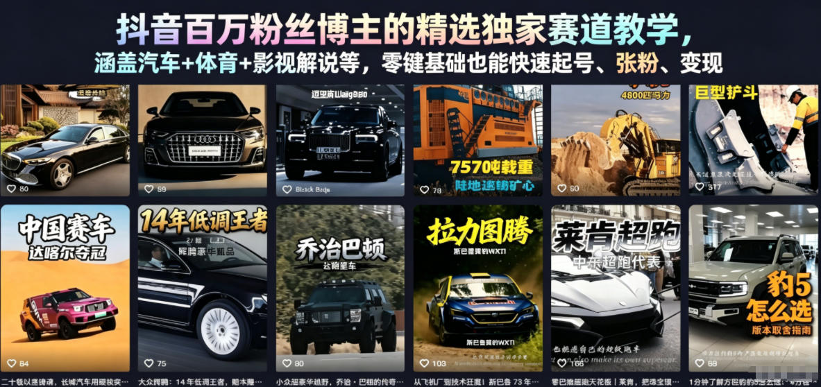 抖音百万粉丝博主的精选独家赛道教学，涵盖汽车+体育+影视解说等，零基础也能快速起号、涨粉、变现——生财有道创业项目网-生财有道