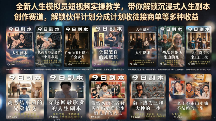 全新人生模拟员短视频实操教学，带你解锁沉浸式人生副本创作赛道，解锁伙伴计划分成计划收徒接商单等多种收益——生财有道创业项目网-生财有道