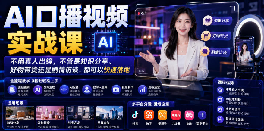 AI口播视频实战课，不用真人出镜，不管是知识分享、好物带货还是剧情访谈，都可以快速落地——生财有道创业项目网-生财有道