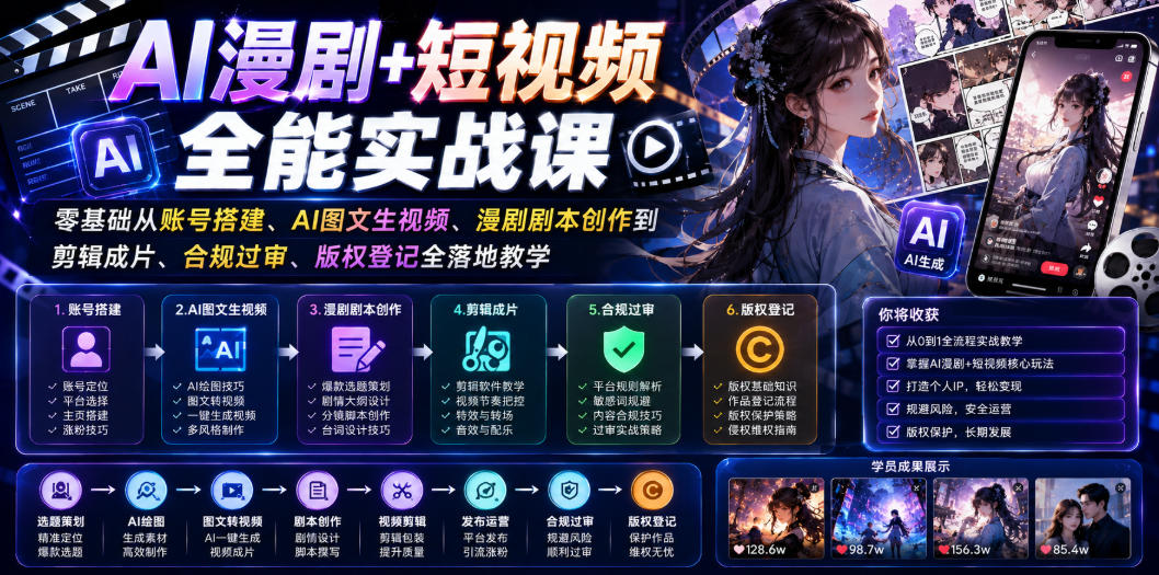 AI漫剧+短视频全能实战课｜零基础从账号搭建、AI图文生视频、漫剧剧本创作到剪辑成片、合规过审、版权登记全落地教学——生财有道创业项目网-生财有道