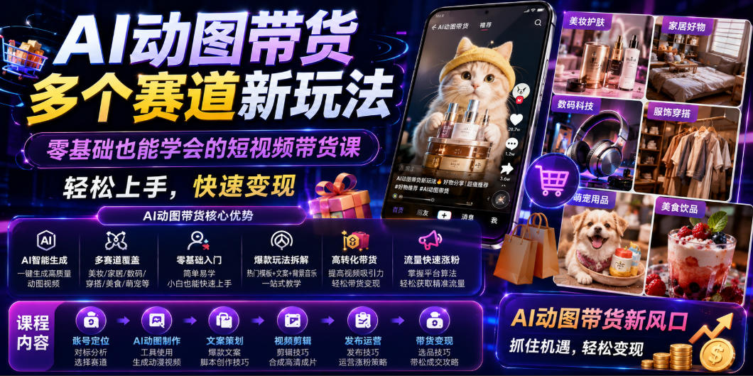 AI动图带货多个赛道新玩法，零基础也能学会的短视频带货课，轻松上手，快速变现——生财有道创业项目网-生财有道