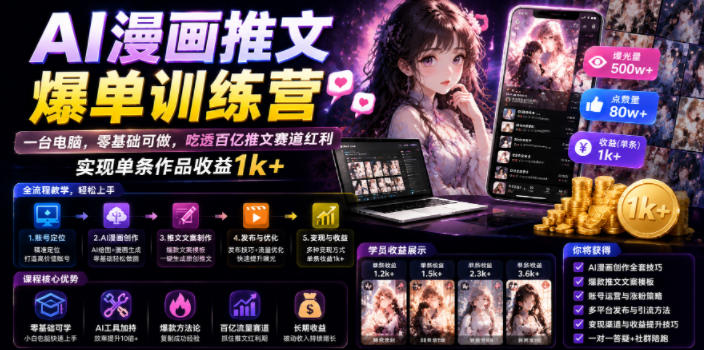 AI漫画推文爆单训练营,一台电脑,零基础可做,吃透百亿推文赛道红利,实现单条作品收益1k+——生财有道创业项目网-生财有道