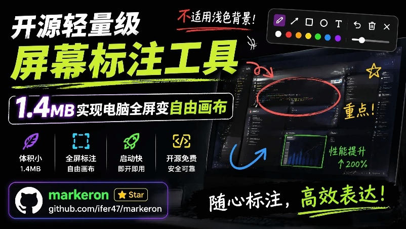 图片[1]-开源轻量级屏幕标注工具，1.4MB实现电脑全屏变自由画布！支持8种标注工具和全键盘操控MarkerOn——生财有道创业项目网-生财有道