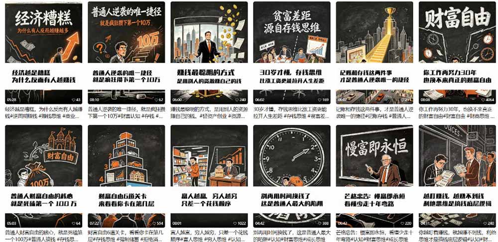 （19515期）AI书单财富书籍图文解读：手绘黑白风格×一键直出×几十条视频跑1000单×全流程拆解×新手可上手_生财有道创业项目网-生财有道
