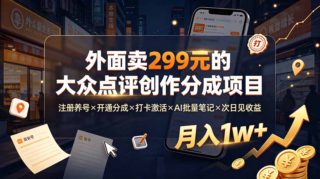 图片[1]-（19488期）外面卖299元的大众点评创作分成项目：注册养号×开通分成×打卡激活×AI批量笔记×次日见收益，月入1w+_生财有道创业项目网-生财有道