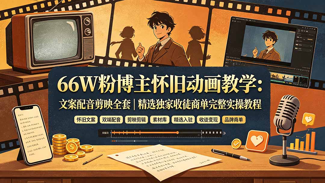（19499期）66W粉博主怀旧动画教学：文案配音剪映全套｜精选独家收徒商单完整实操教程_生财有道创业项目网-生财有道