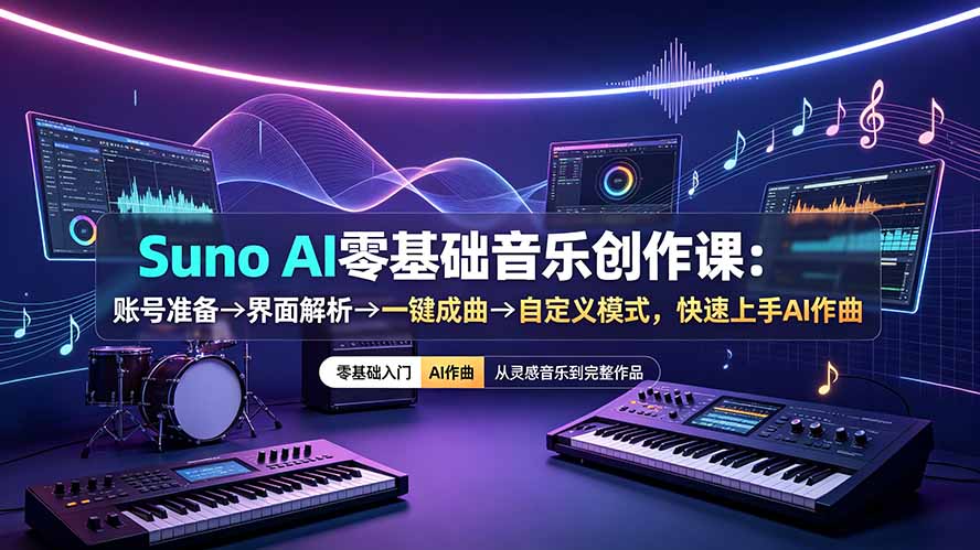 （19264期）Suno AI零基础音乐创作课：账号准备→界面解析→一键成曲→自定义模式，快速上手AI作曲_生财有道创业项目网-生财有道