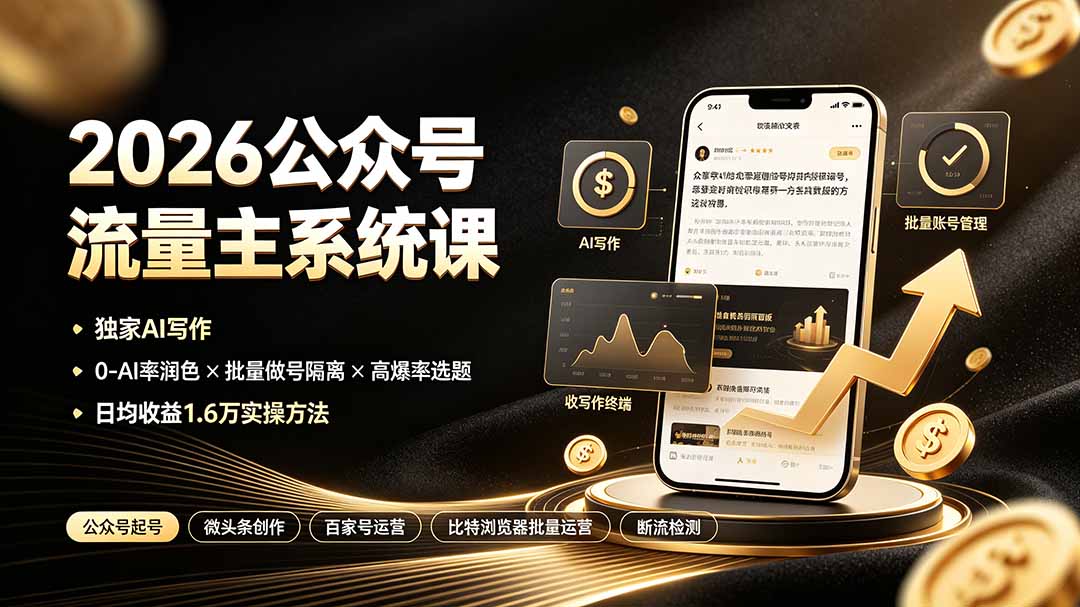 (19405期)2026公众号流量主系统课:独家AI写作×0-AI率润色×批量做号隔离×高爆率选题,日均收益1.6万实操方法_生财有道创业项目网-生财有道