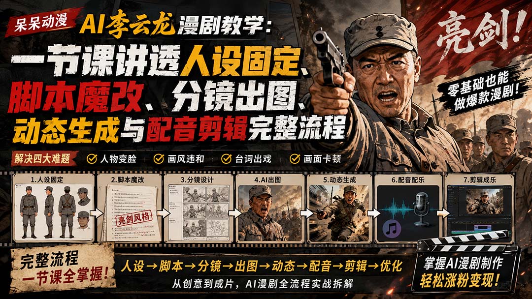 图片[1]-（20107期）呆呆动漫AI李云龙漫剧教学：一节课讲透人设固定、脚本魔改、分镜出图、动态生成与配音剪辑完整流程_生财有道创业项目网-生财有道