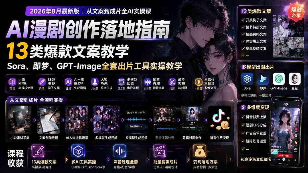 图片[1]-（19691期）AI漫剧创作落地指南｜13类爆款文案教学，Sora、即梦、GPT-Image全套出片工具实操教学_生财有道创业项目网-生财有道