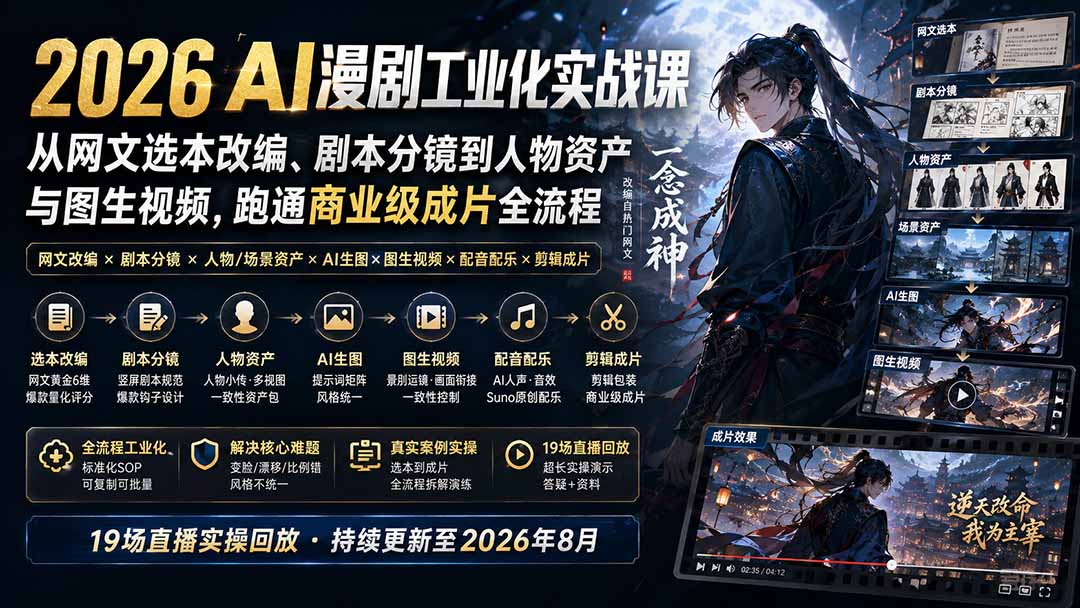 (20068期)2026 AI漫剧工业化实战课-更新:从网文选本改编、剧本分镜到人物资产与图生视频,跑通商业级成片全流程_生财有道创业项目网-生财有道