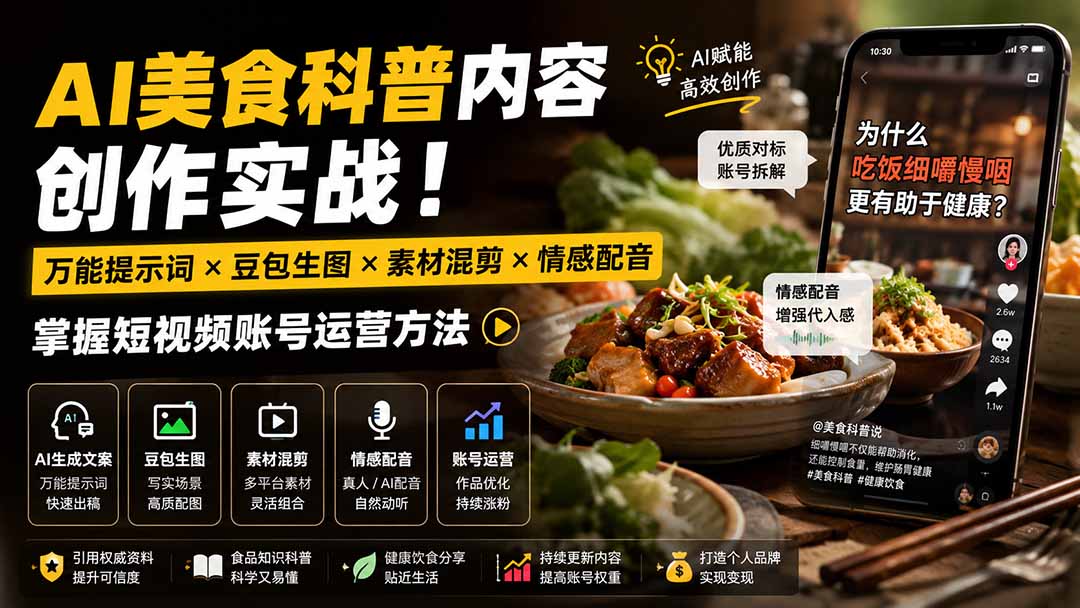 （19730期）外面卖199元-AI美食科普内容创作实战！万能提示词×豆包生图×素材混剪×情感配音，掌握短视频账号运营方法_生财有道创业项目网-生财有道