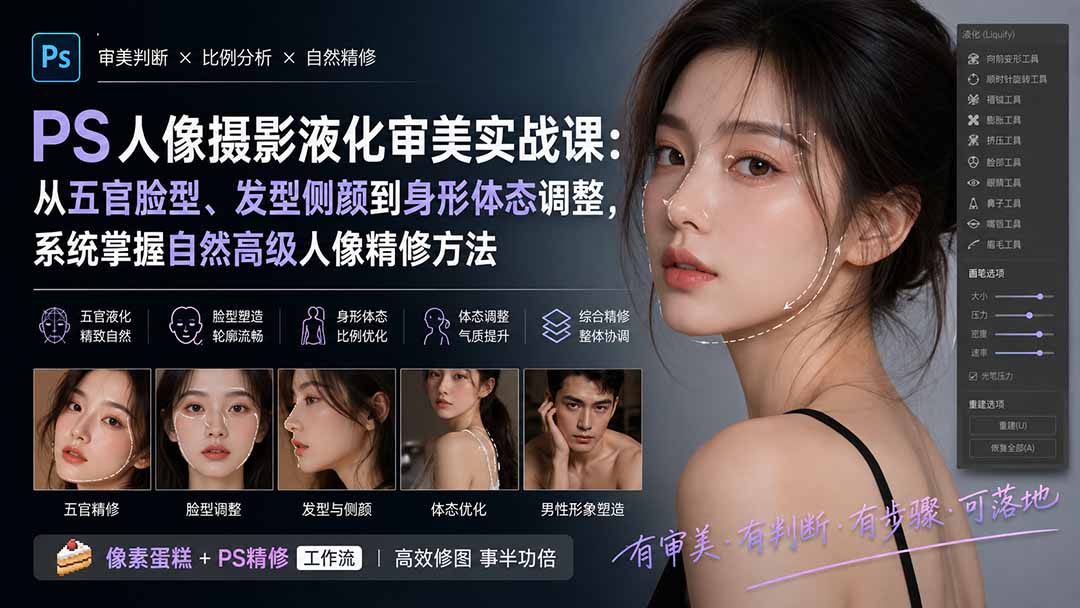 （20062期）PS人像摄影液化审美实战课：从五官脸型、发型侧颜到身形体态调整，系统掌握自然高级人像精修方法_生财有道创业项目网-生财有道