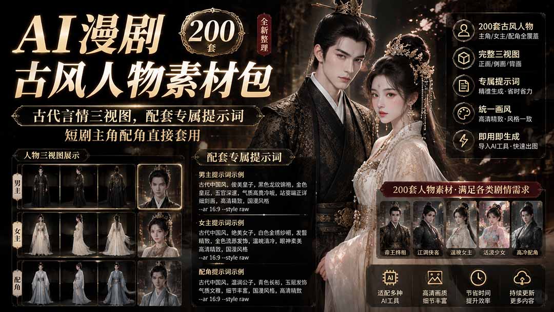 图片[2]-（19693期）AI漫剧古风人物素材包+提示词｜200 套古代言情三视图，配套专属提示词短剧主角配角直接套用_生财有道创业项目网-生财有道