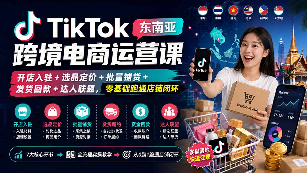 （20059期）TikTok东南亚跨境电商运营课：开店入驻+选品定价+批量铺货+发货回款+达人联盟，零基础跑通店铺闭环_生财有道创业项目网-生财有道